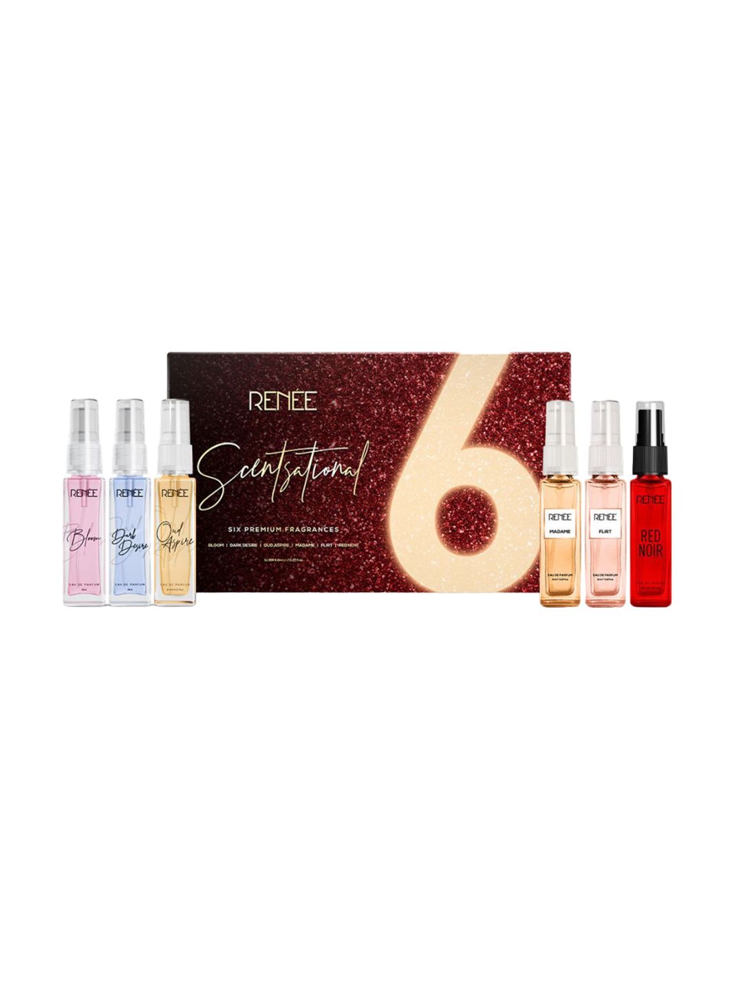 Renee Set Of 6 Bloom, Dark Desire, Oud Aspire Madame, Flirt & Red Noir EDP - 8ml Each