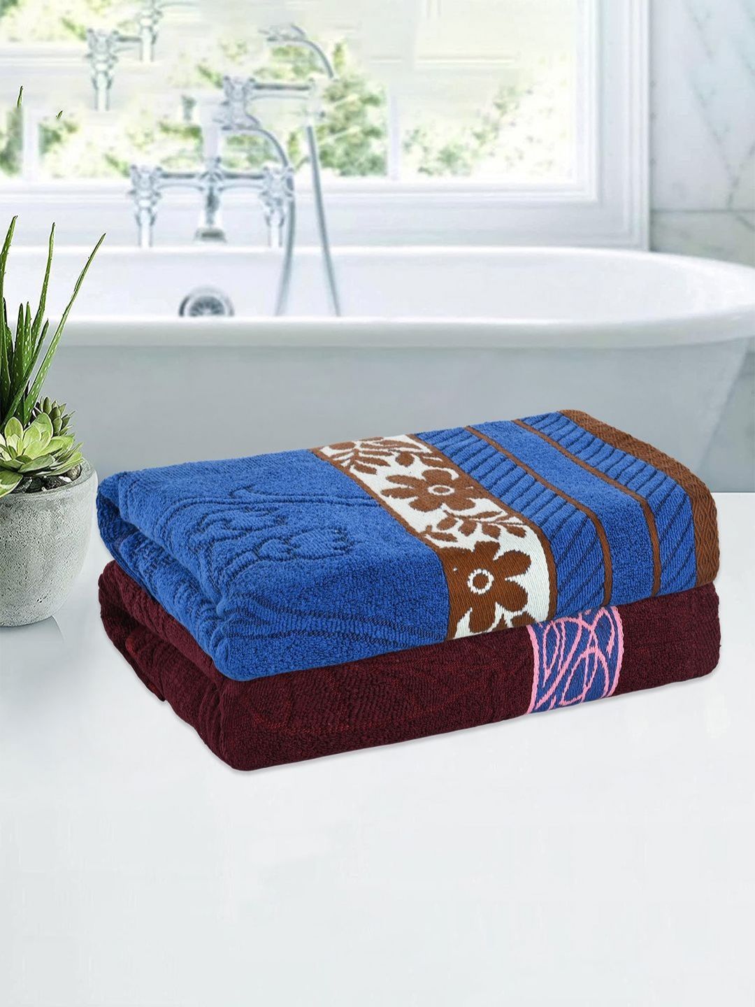Kuber Industries Maroon & Blue 2 Pieces Printed Cotton 150 GSM Bath Towel