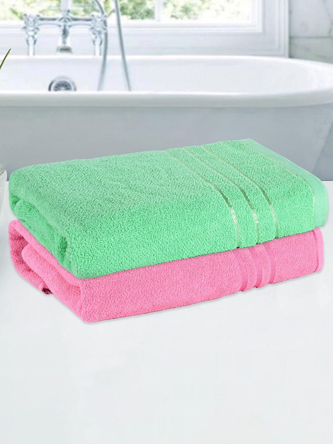 Kuber Industries Pink & Green 2 Pieces Striped Cotton 144 GSM Bath Towels
