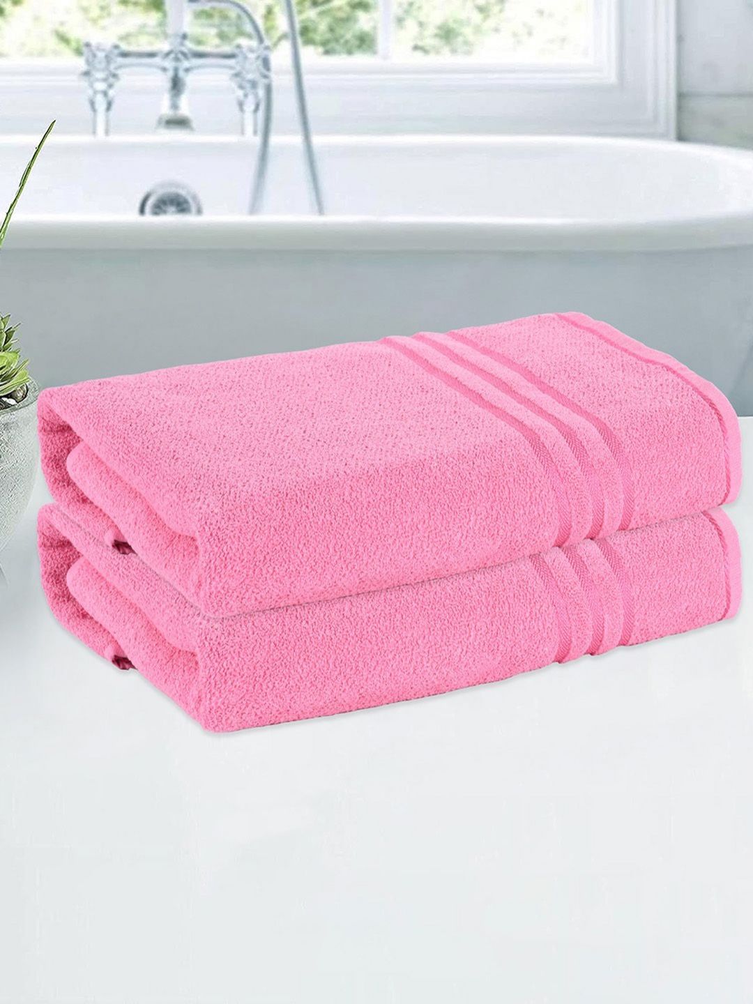Kuber Industries Pink 2 Pieces Striped Cotton 150 GSM Bath Towel