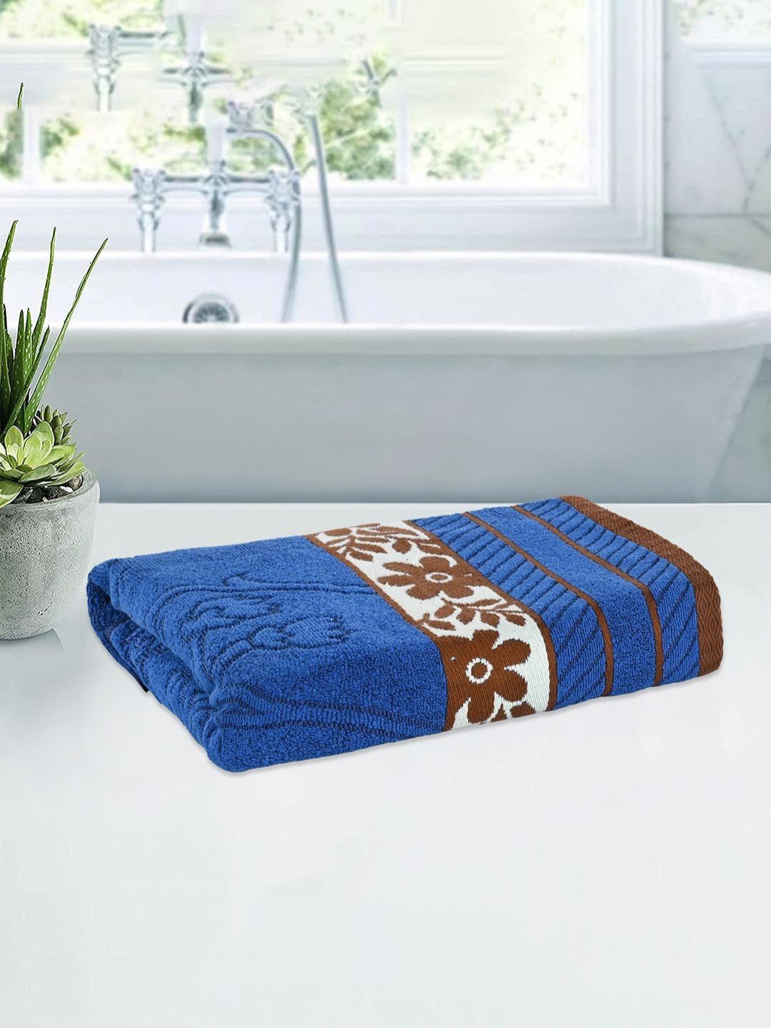 Kuber Industries Blue & Brown Striped Cotton 150 GSM Bath Towel