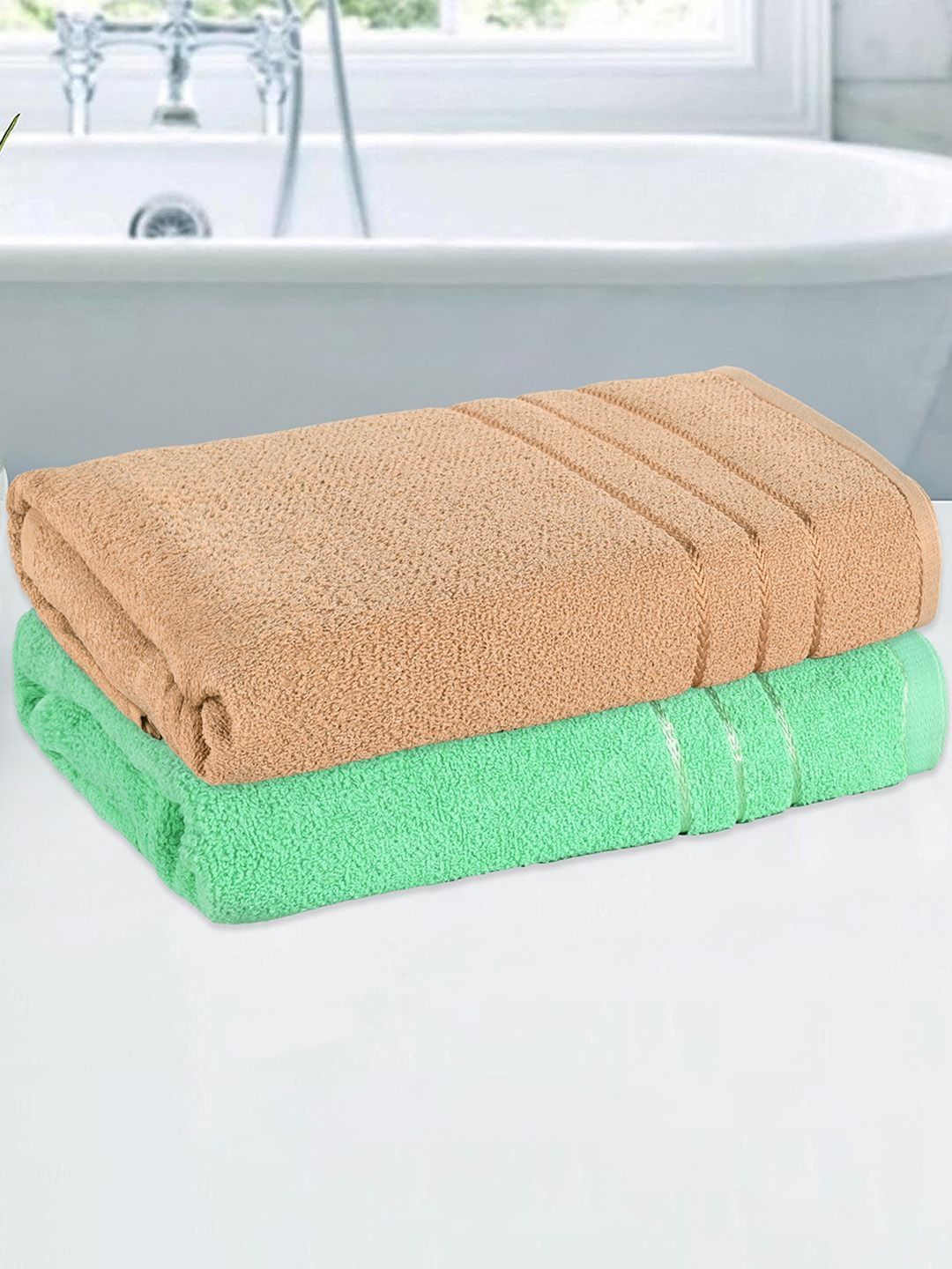Kuber Industries Green & Brown 2 Pieces Striped Cotton 144 GSM Bath Towels