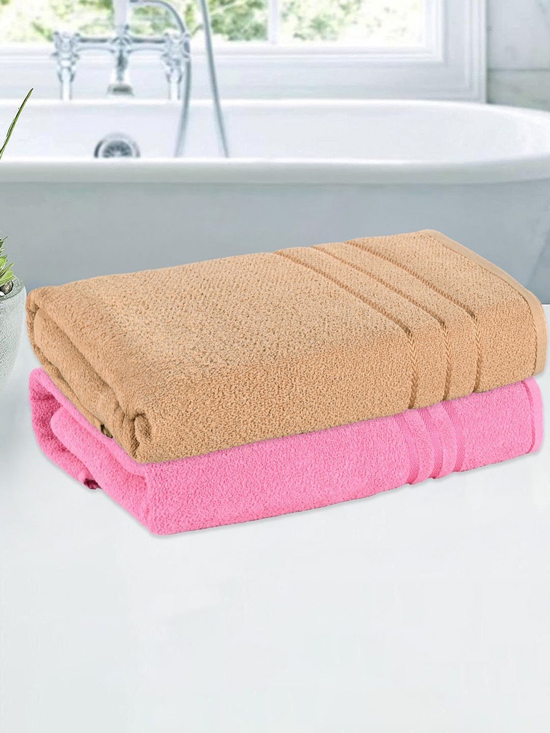 Kuber Industries Pink & Brown 2 Pieces Striped Cotton 150 GSM Bath Towel