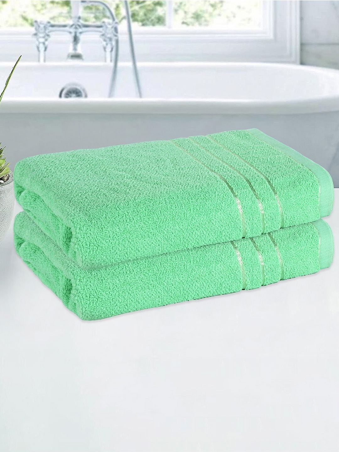 Kuber Industries Green 2 Pieces Striped Cotton 144GSM Bath Towel
