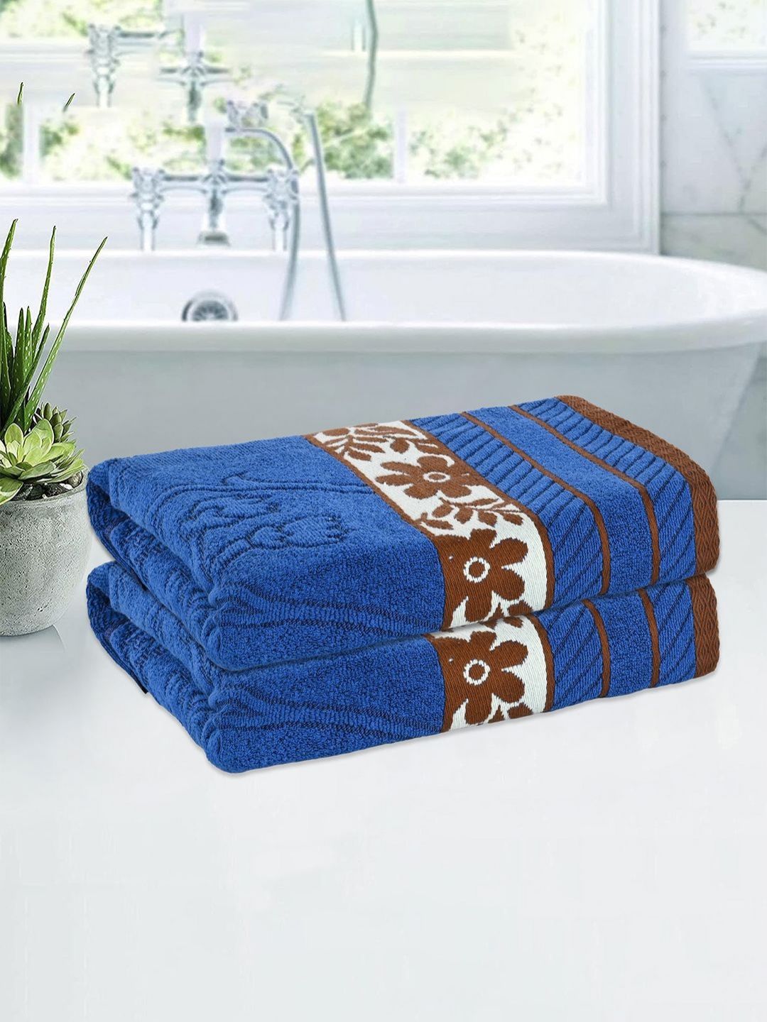 Kuber Industries Blue & Maroon 2 Pieces Striped Cotton 150 GSM Bath Towel
