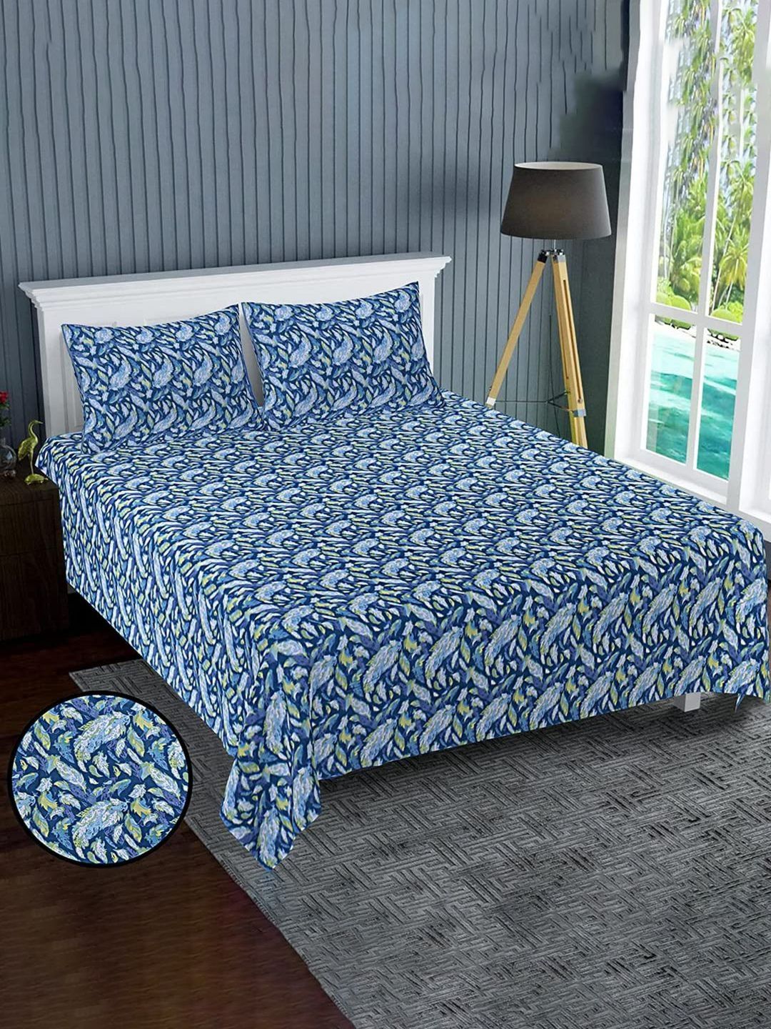 Kuber Industries Kuber Industries Blue & White Floral Cotton 120 TC King Bedsheet with 2 Pillow Covers