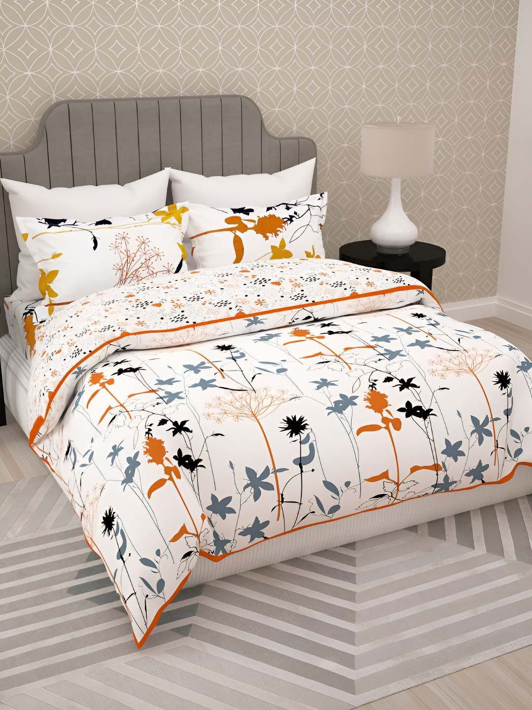 Story@home White & Orange 4 Pieces Floral Cotton Double King Regular Bedding Set