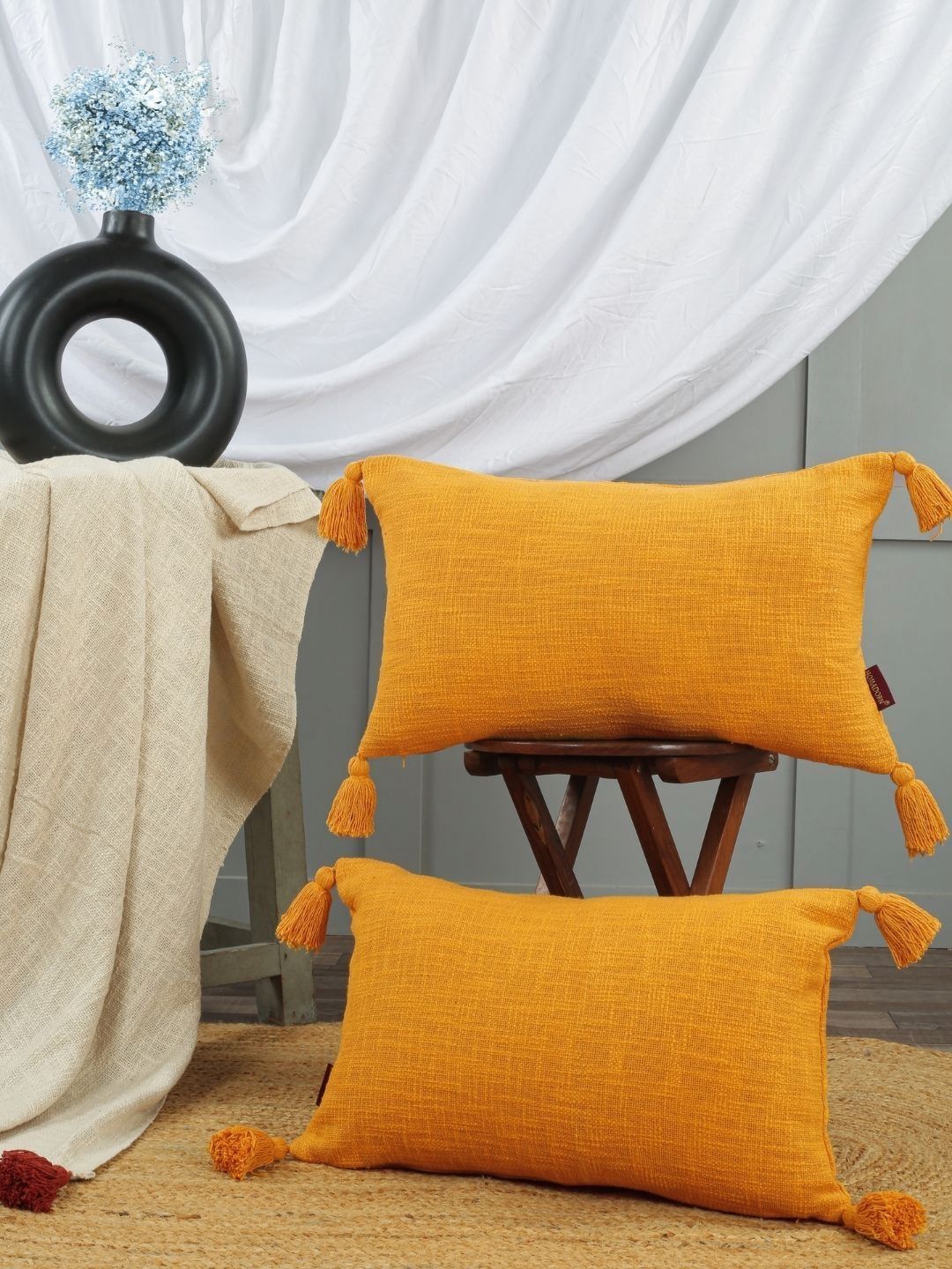 HOMADORN Mustard 2 Pieces Self Design Cotton Rectangle Cushion Covers