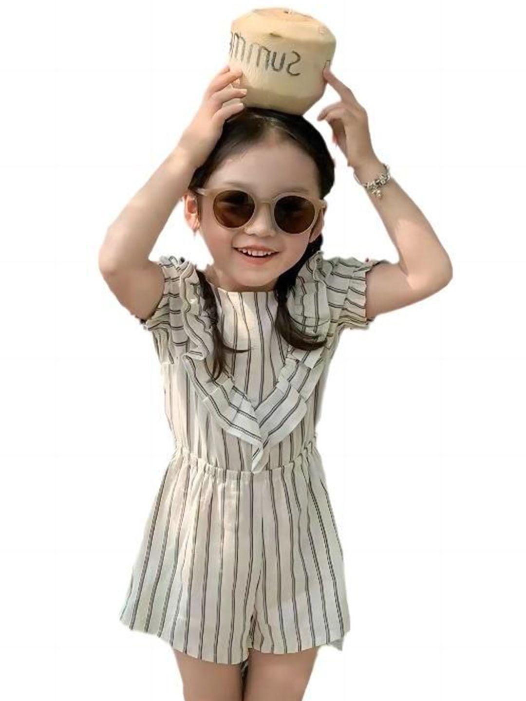 StyleCast x Revolte Girls Striped Puff Sleeves Ruffles Pure Cotton Top with Shorts