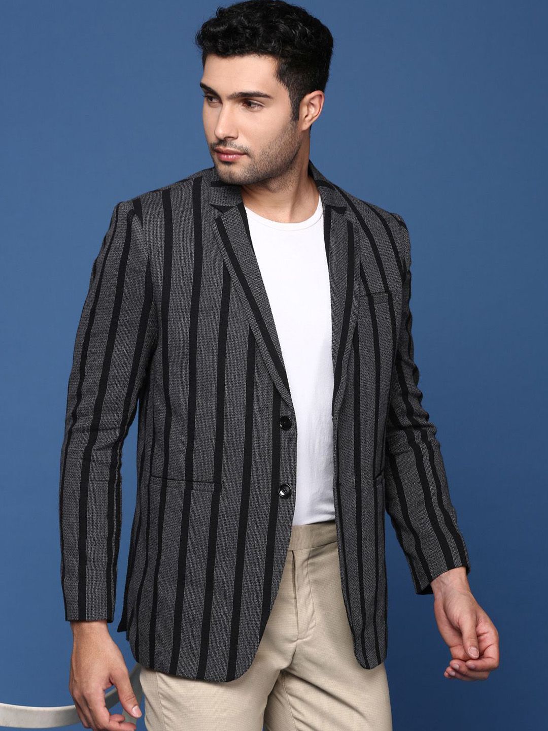 SHOWOFF Striped Single-Breasted Cotton Slim-Fit Formal Blazer