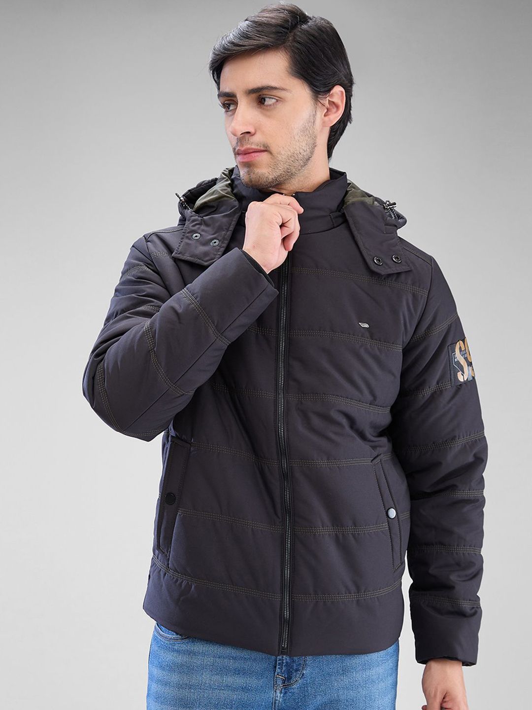 SPYKAR Men Solid Full Sleeve Regular Fit Hooded Padded Jacket with Patchwork