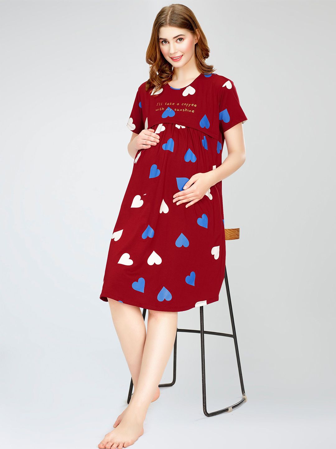 Zeyo Conversational Printed Pure Cotton Maternity T-shirt Nightdress