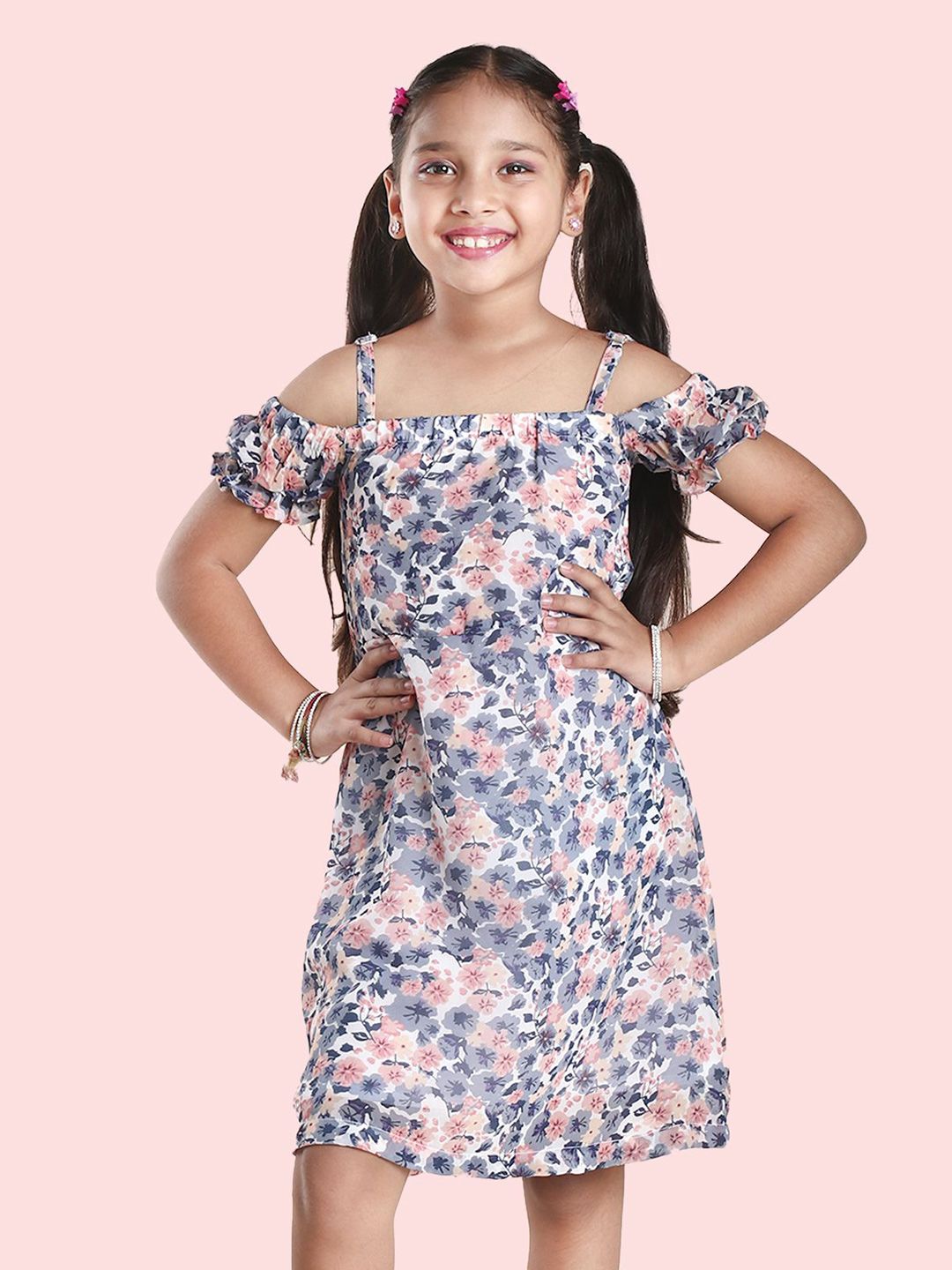 KiddoPanti Girls Floral Print Cold-Shoulder Georgette Fit & Flare Dress