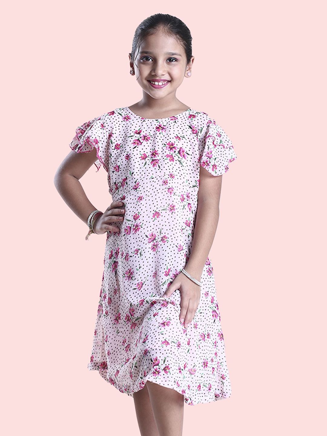 KiddoPanti Girls Floral Print Flutter Sleeve Georgette A-Line Dress