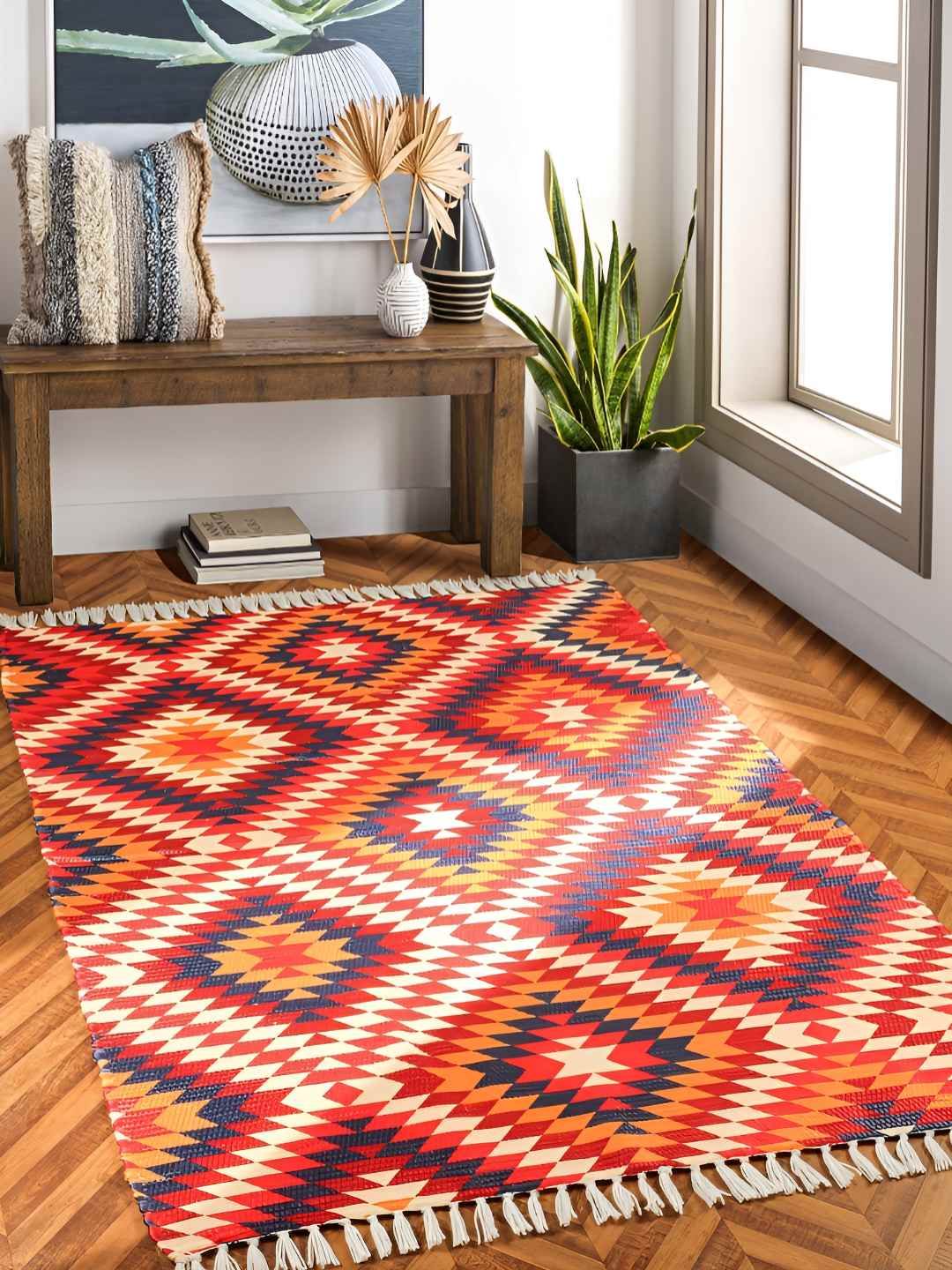 HOMADORN Red & Blue Geometric Printed Anti-Skid Rectangular Floor Mat