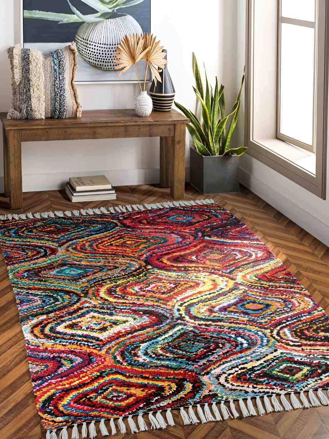 HOMADORN Red & Blue Geometric Printed Anti Skid Floor Mats