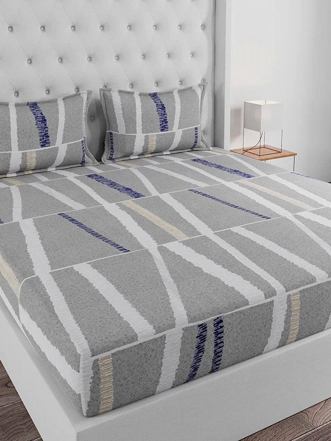 Huesland Grey & Blue Printed 144 TC Cotton Double Queen Bedsheet with 2 Pillow Covers