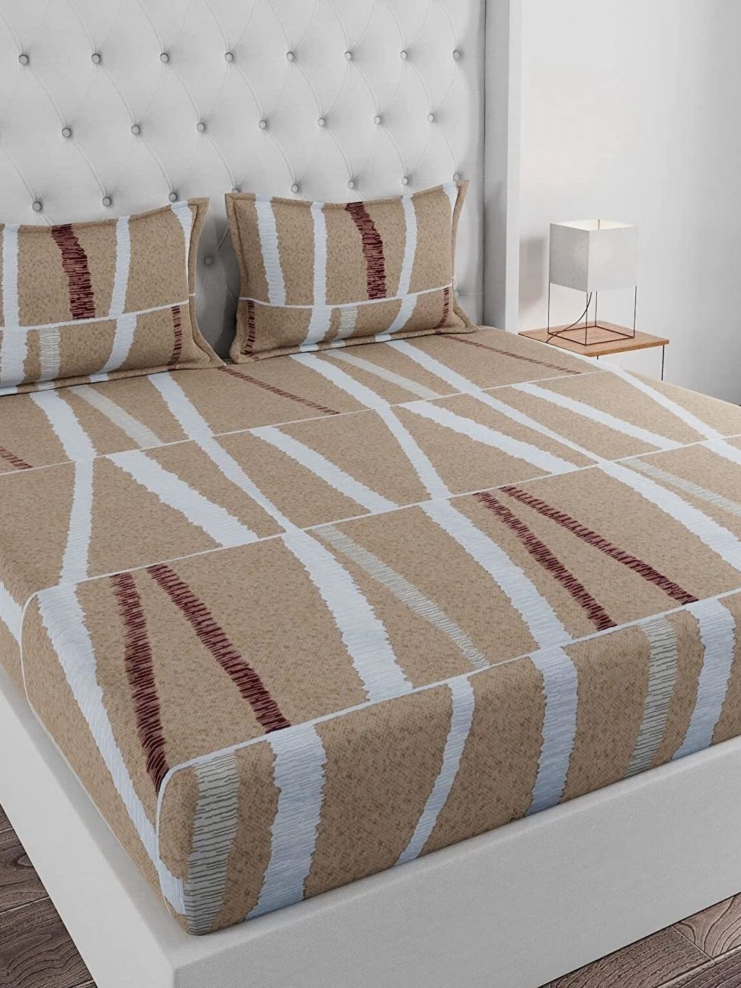 Huesland Tan Abstract Cotton 144 TC King Bedsheet with 2 Pillow Covers-108 x 110 inches
