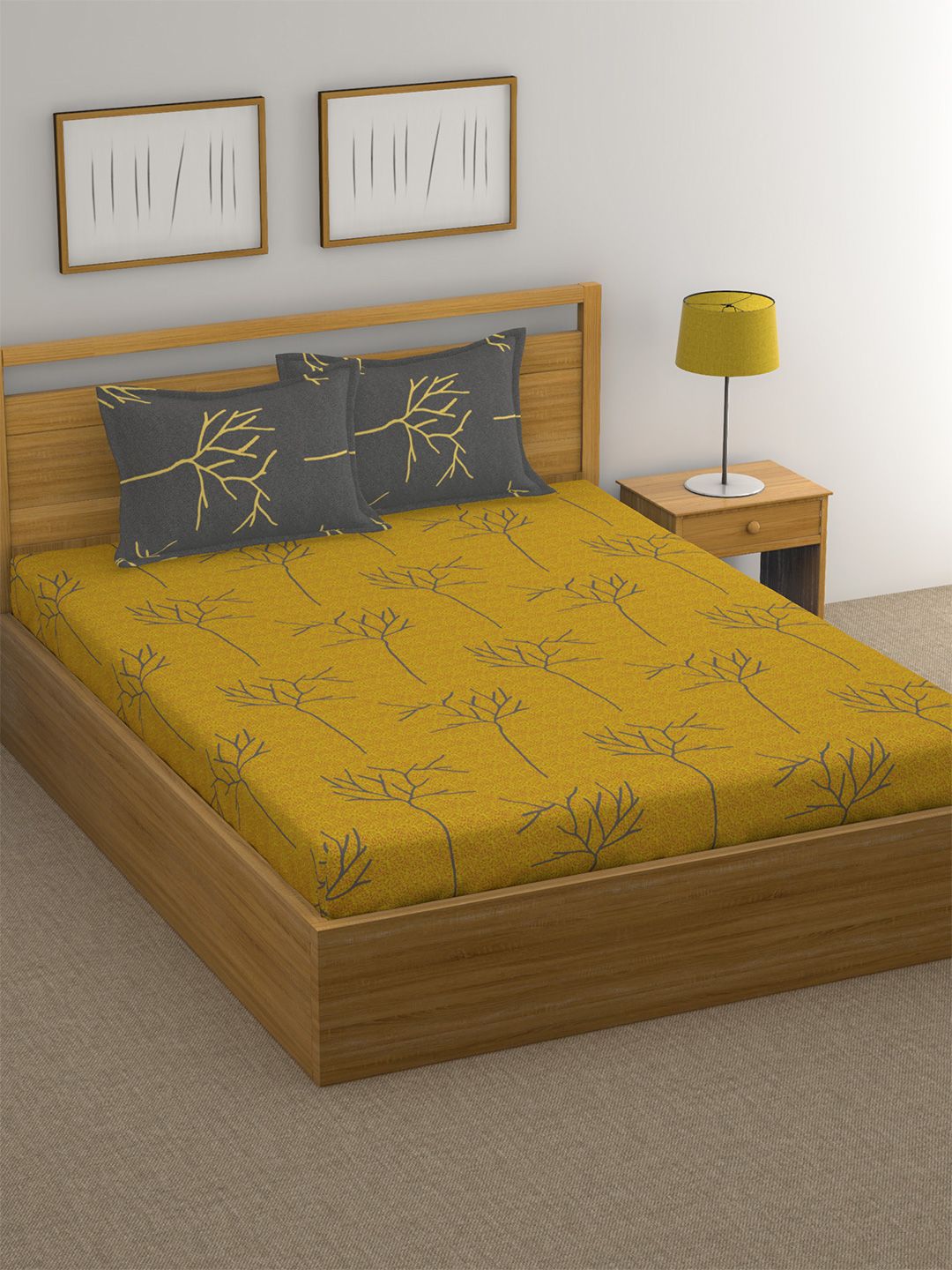 Huesland Yellow Floral Cotton 144 TC Queen Bedsheet with 2 Pillow Covers-96 x 88 inches