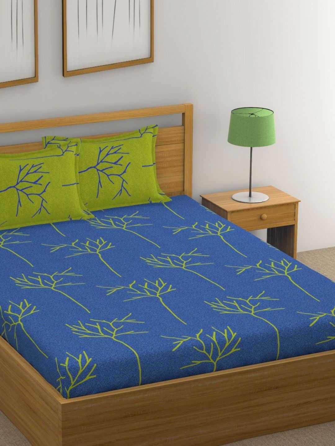 Huesland Blue Floral Cotton 144 TC Queen Bedsheet with 2 Pillow Covers-96 x 88 inches