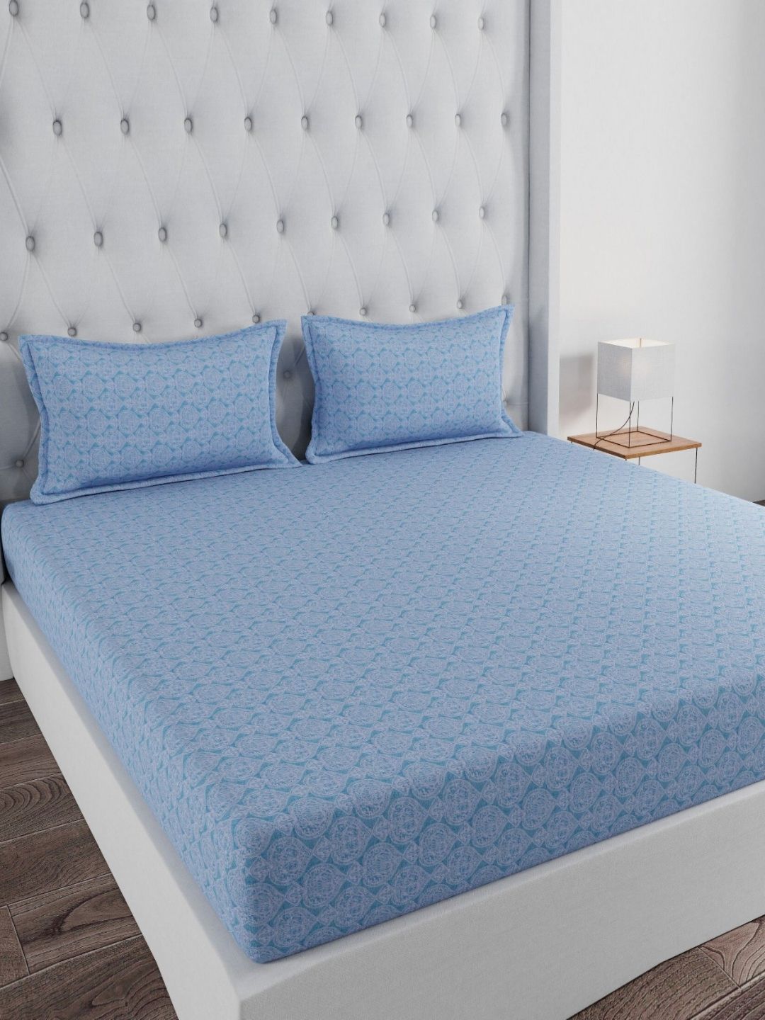 Huesland Turquoise Blue Ethnic Motifs Cotton 144 TC Queen Bedsheet with 2 Pillow Covers-96 x 88 inches