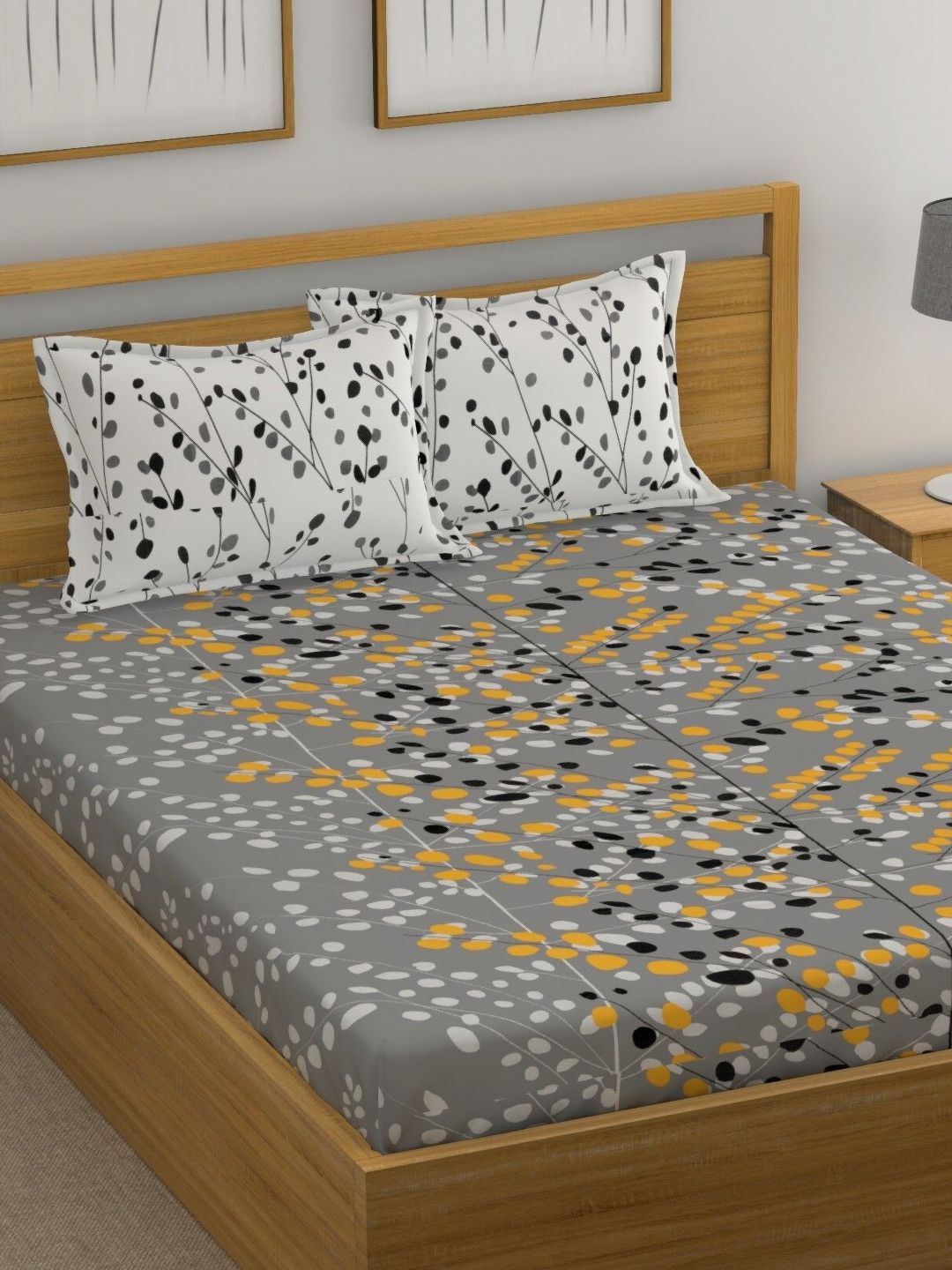 Huesland Grey Floral Cotton 144 TC Queen Bedsheet with 2 Pillow Covers-96 x 88 inches