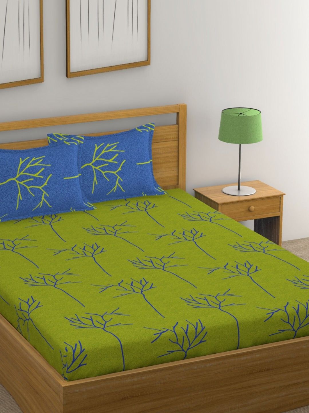 Huesland Green & Blue Floral 144 TC Cotton Double Queen Bedsheet with 2 Pillow Covers