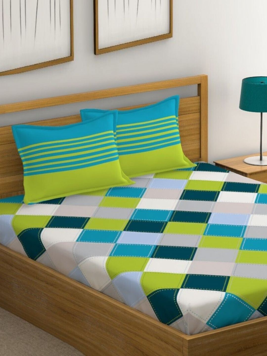 Huesland Blue Geometric Cotton 144 TC Queen Bedsheet with 2 Pillow Covers-244 x 223 cm