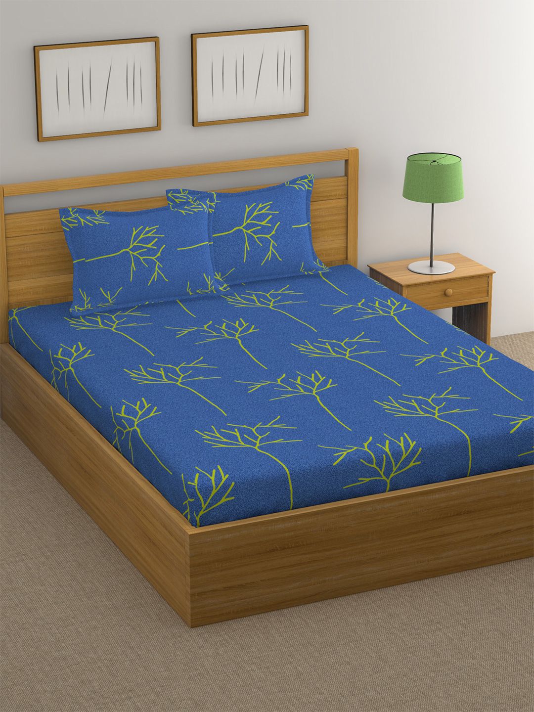 Huesland Blue Floral Cotton 144 TC Queen Bedsheet with 2 Pillow Covers-244 x 223 cm