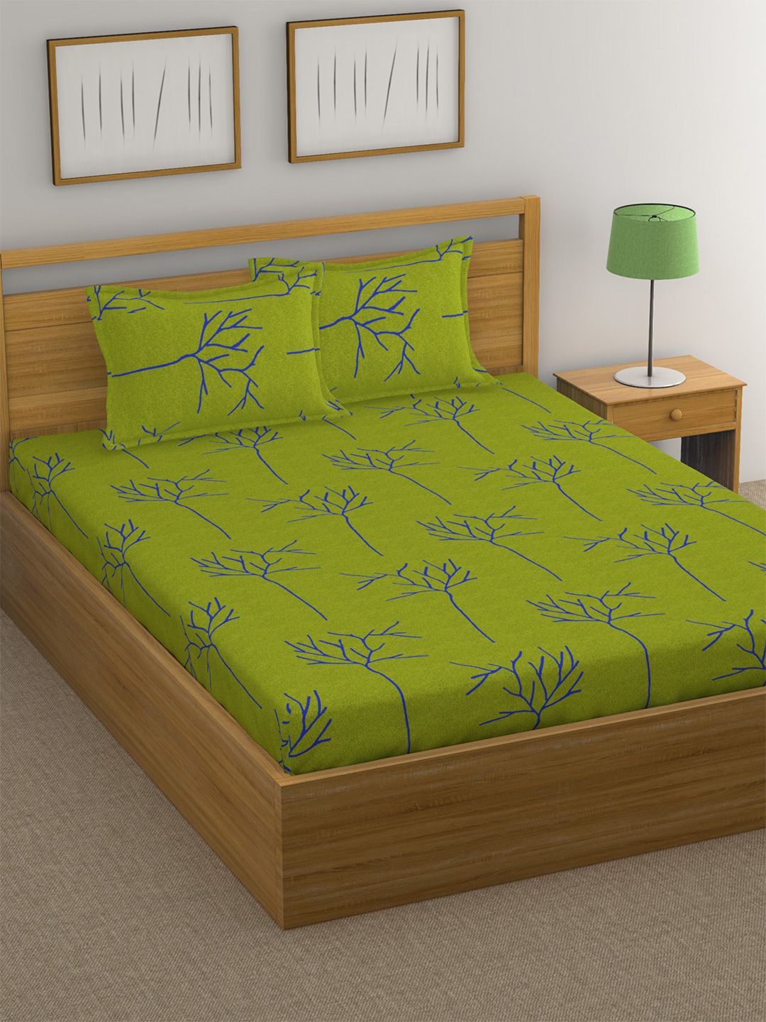 Huesland Green & Blue Floral Cotton 144 TC Double Queen Bedsheet With 2 Pillow Covers