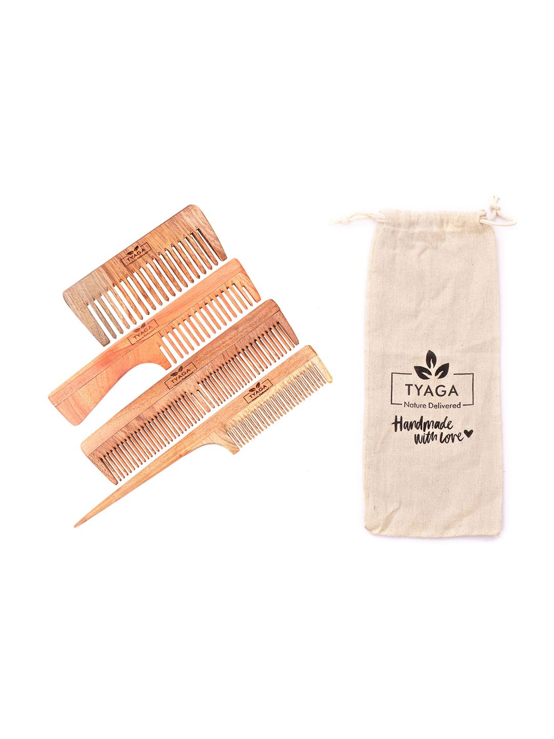 Tyaga Set of 4 Neem Wood Anti-Dandruff Comb with Pouch - Beige