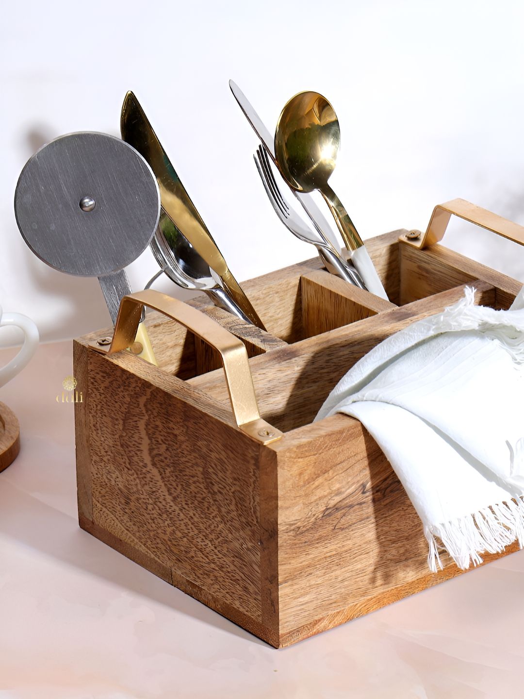 DULI Unisex Brown Wooden Cutlery Holder & Spoon Stand