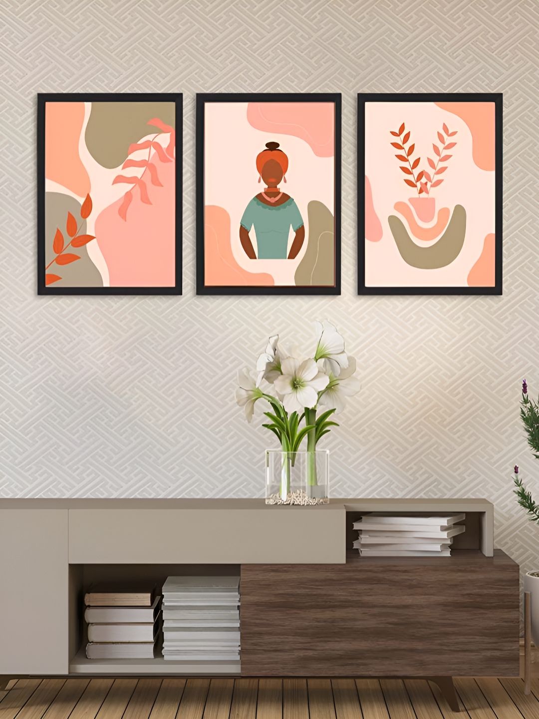 Giftii Wood Ethnic Motifs Matte Hanging Hall 3Pcs Abstract Wall Decor-13In