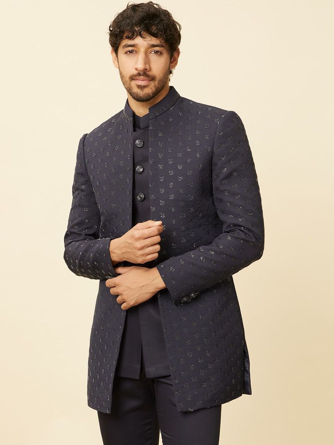 Twamev Solid Embroidered Mandarin Collar Cotton Straight Sherwani Set