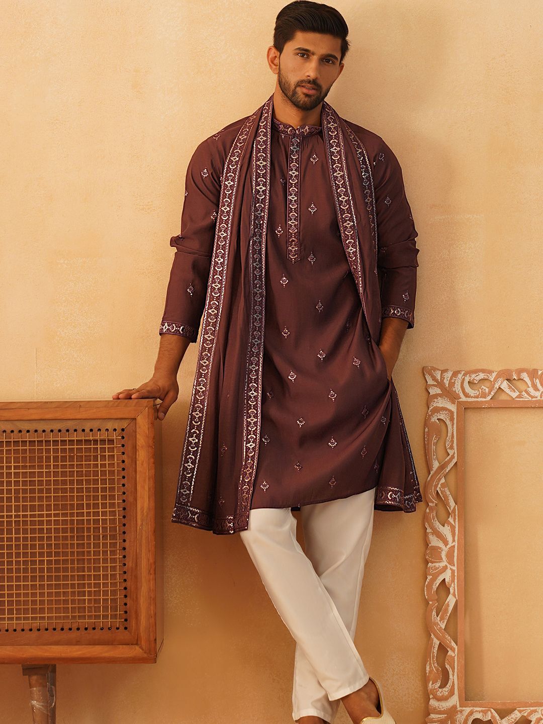 Jompers Jompers Ethnic Motifs Embroidered Sequinned Cotton Silk Kurta with Pyjamas & Dupatta