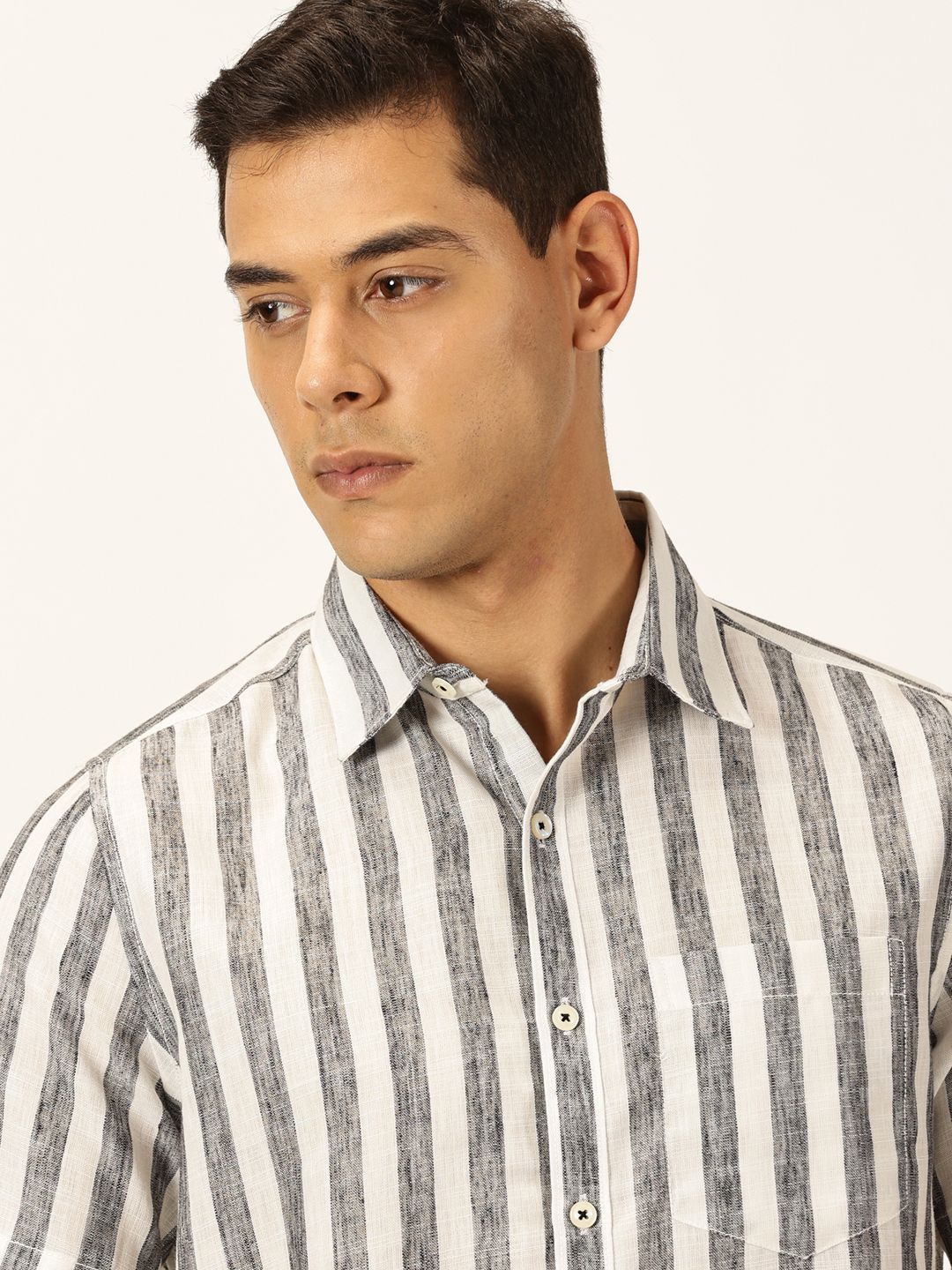 Thomas Scott Men Premium Vertical Stripes Cotton & Linen Casual Slim FIt Shirt