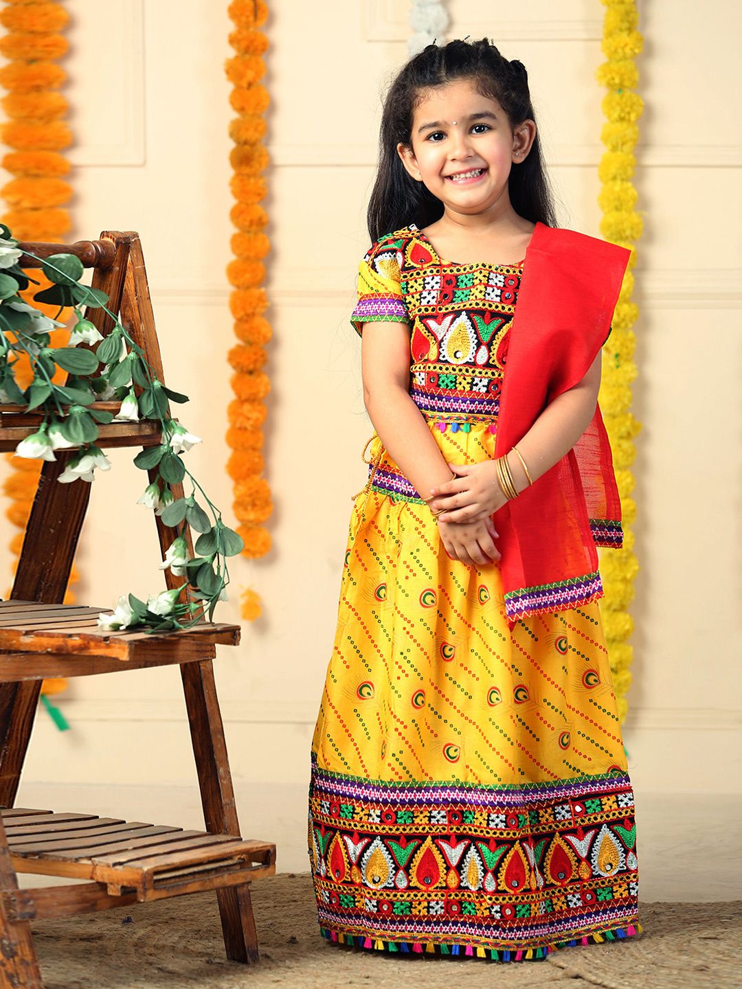 ahhaaaa Girls Embroidered Mirror Work Cotton Ready to Wear Lehenga & Blouse With Dupatta
