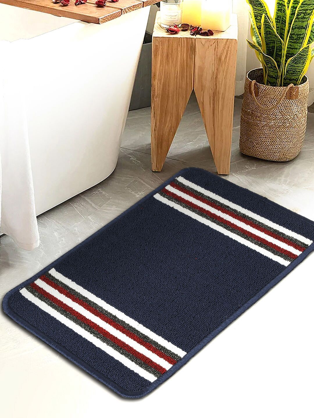 HOSTA HOMES Navy Blue & White 280 GSM Water Absorbent Cotton Bath Rug