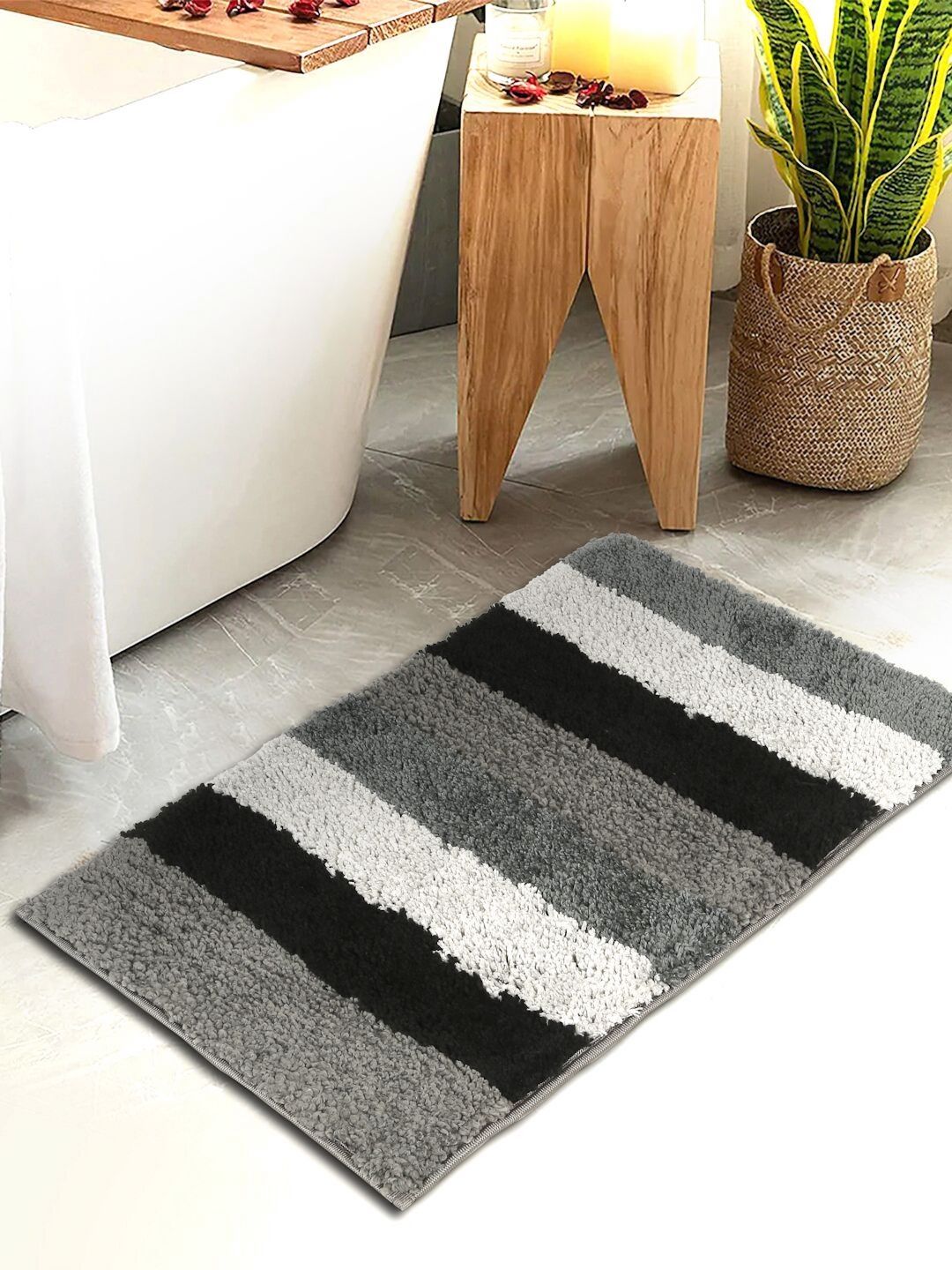 HOSTA HOMES Black & Grey 280 GSM Striped Water Absorbent Anti-Skid Cotton Bath Rug