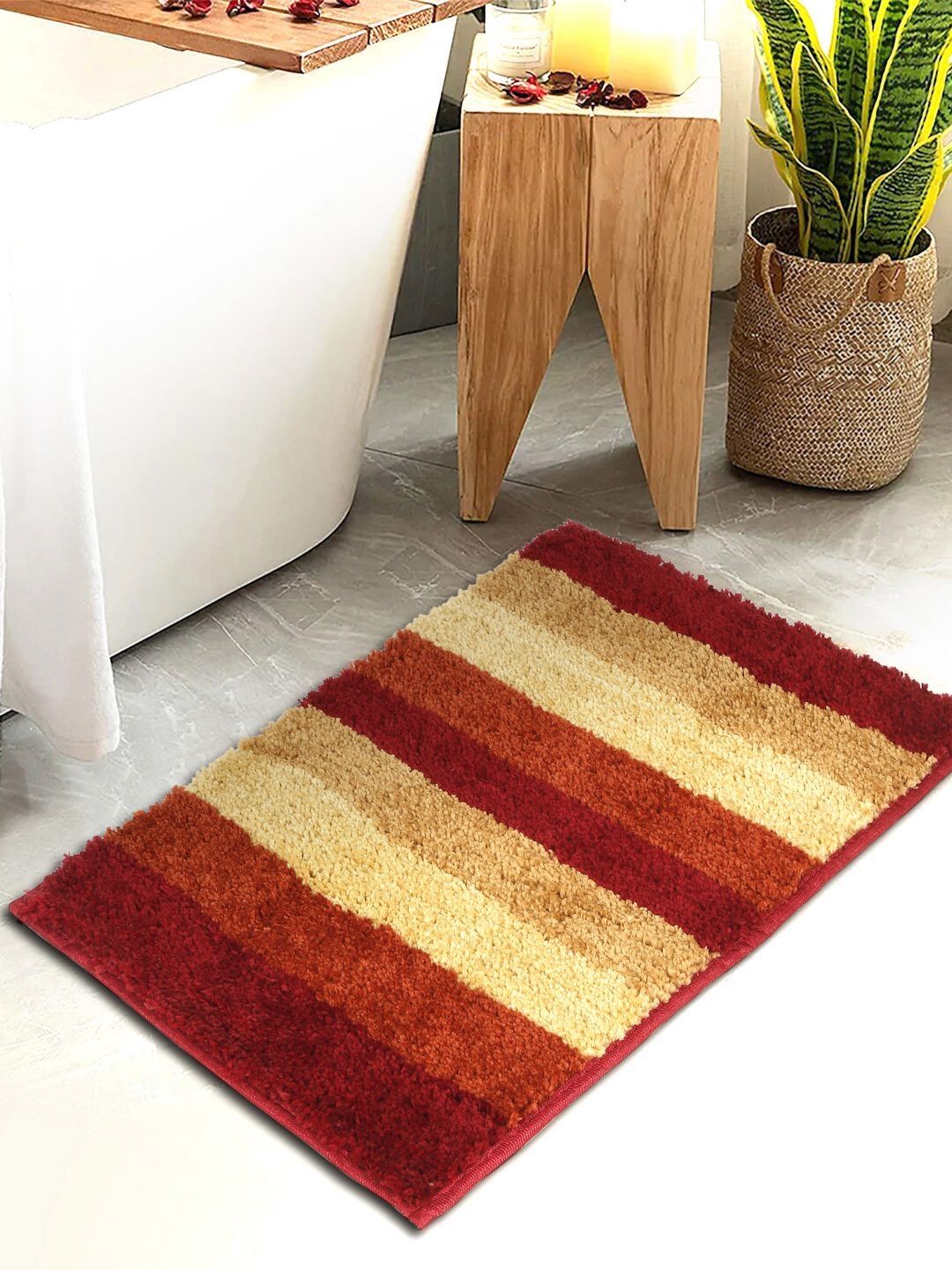 HOSTA HOMES Red & Brown Striped 280 GSM Water Absorbent Anti-Skid Cotton Bath Rug