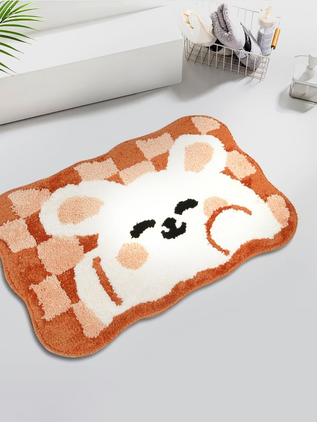 HOSTA HOMES Brown & White 280 GSM Cotton Water Absorbent Bath Rug