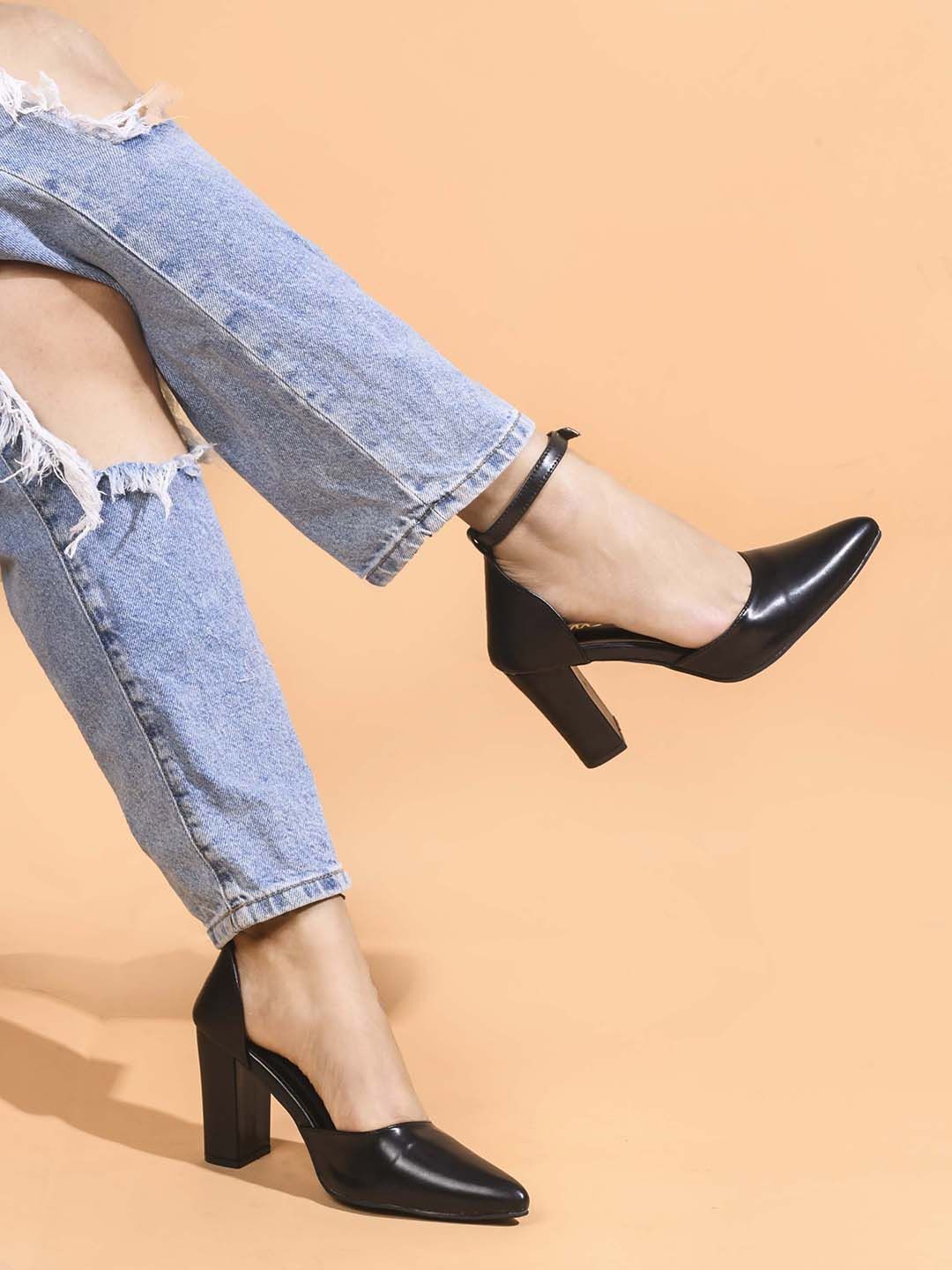 JM Looks Party Block Ankle Loop Mules with Buckles