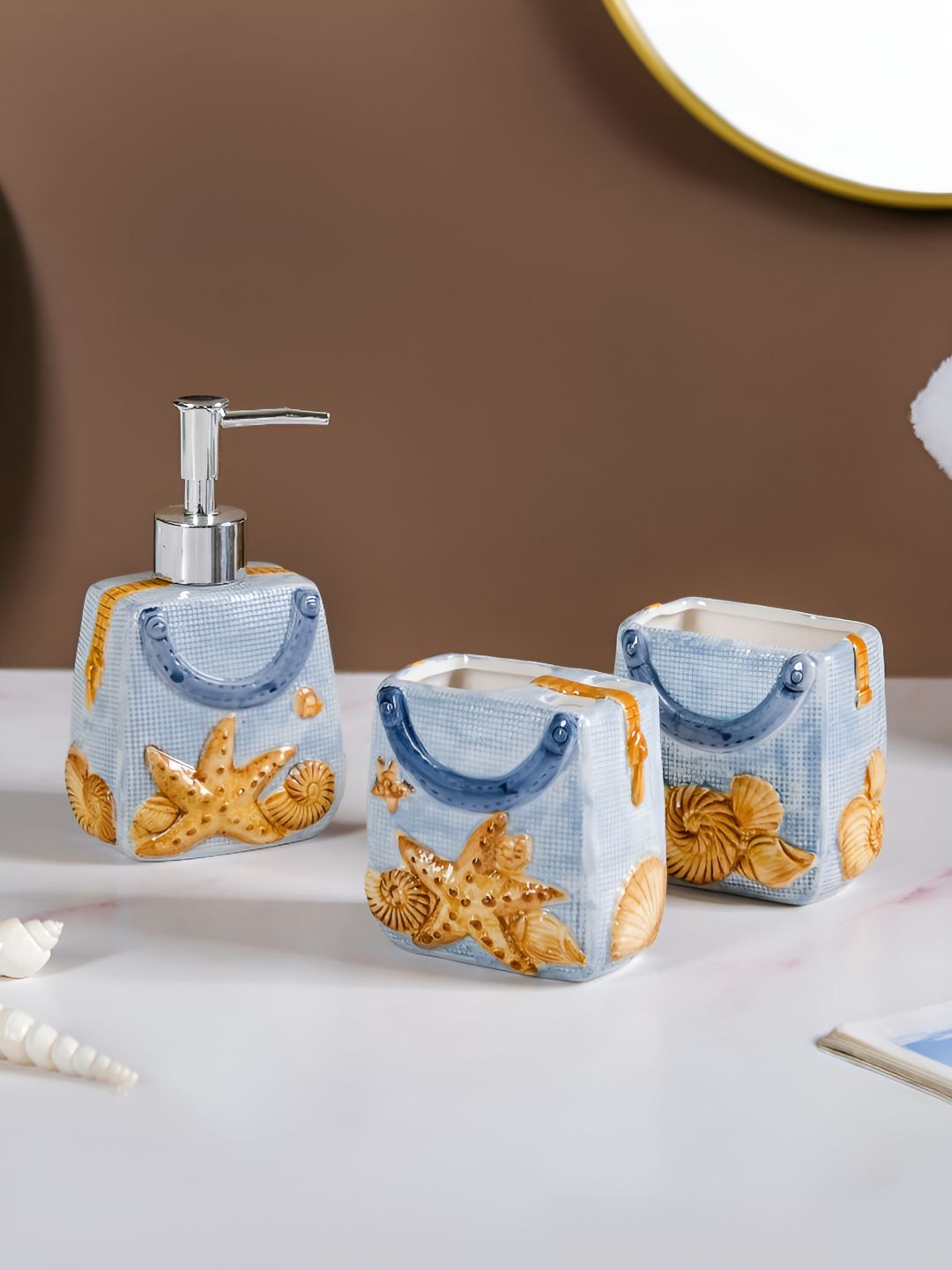 Nestasia Blue & Brown 3 Pieces Geometric Ceramic Bath Accessories Set