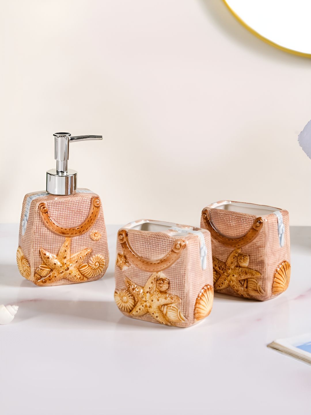 Nestasia Beige & Orange 3 pieces Geometric Ceramic Bath Accessories Set