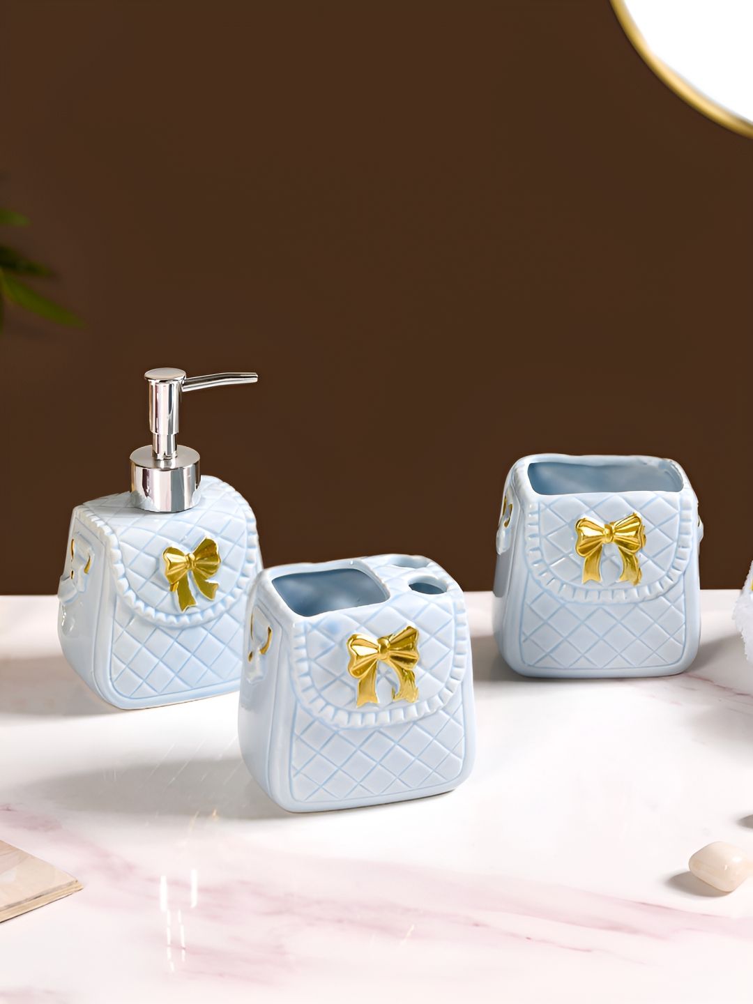 Nestasia Blue & Yellow 3 pieces Geometric Ceramic Bath Accessories Set