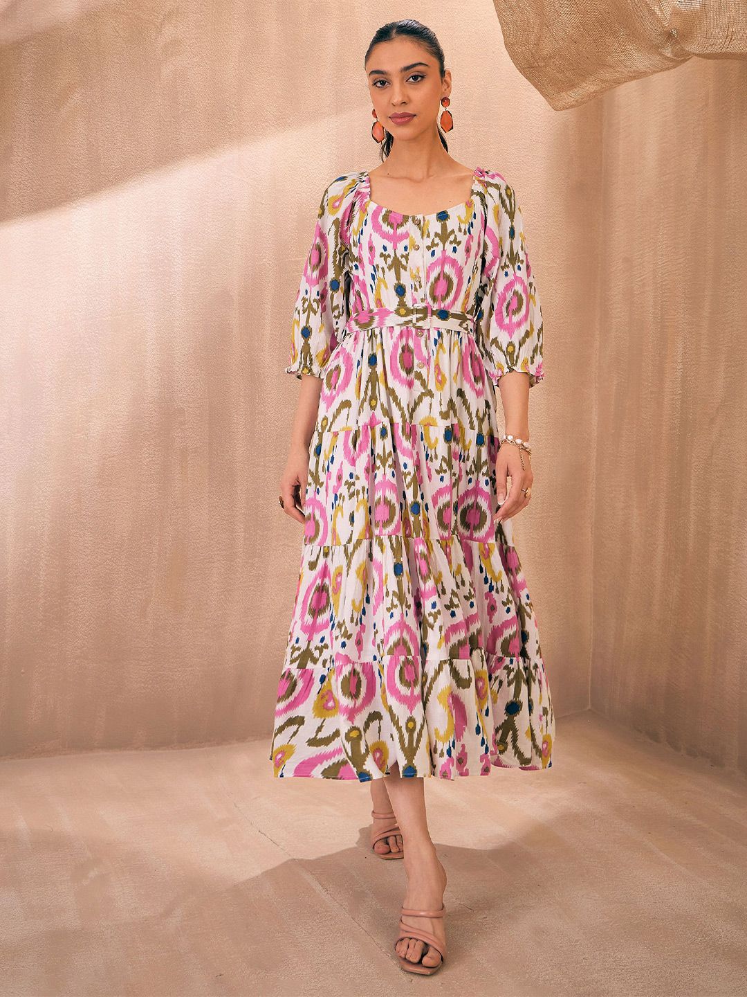 Pink Paprika by SASSAFRAS Printed Belted Tiered Cotton A-Line Midi Ethnic Dress