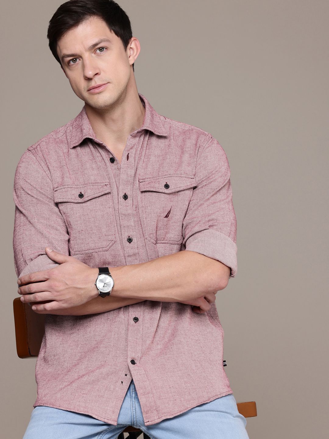 Nautica Pure Cotton Self Design Classic Fit Textured Casual Shirt