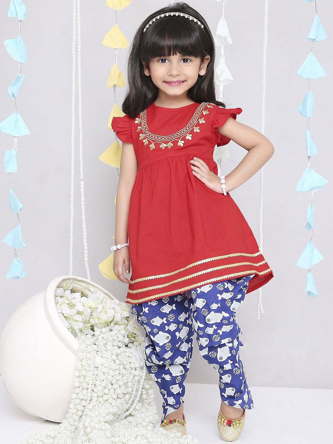 KID1 Girls Floral Embroidered Thread Work Pure Cotton A-Line Kurta With Dhoti Pants