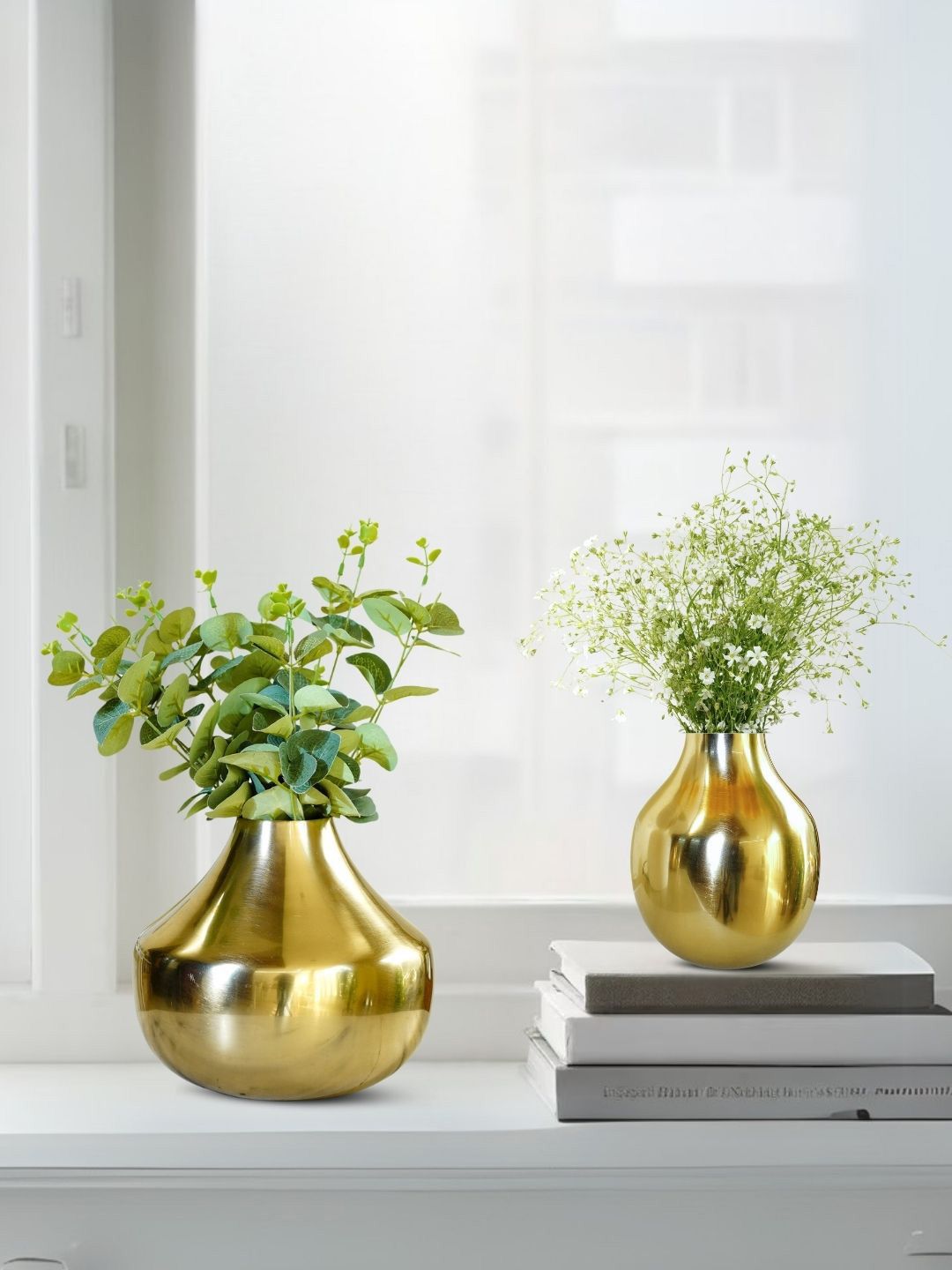 BEHOMA Glossy Golden Metal Bud Shape Small & Large Flower Vase