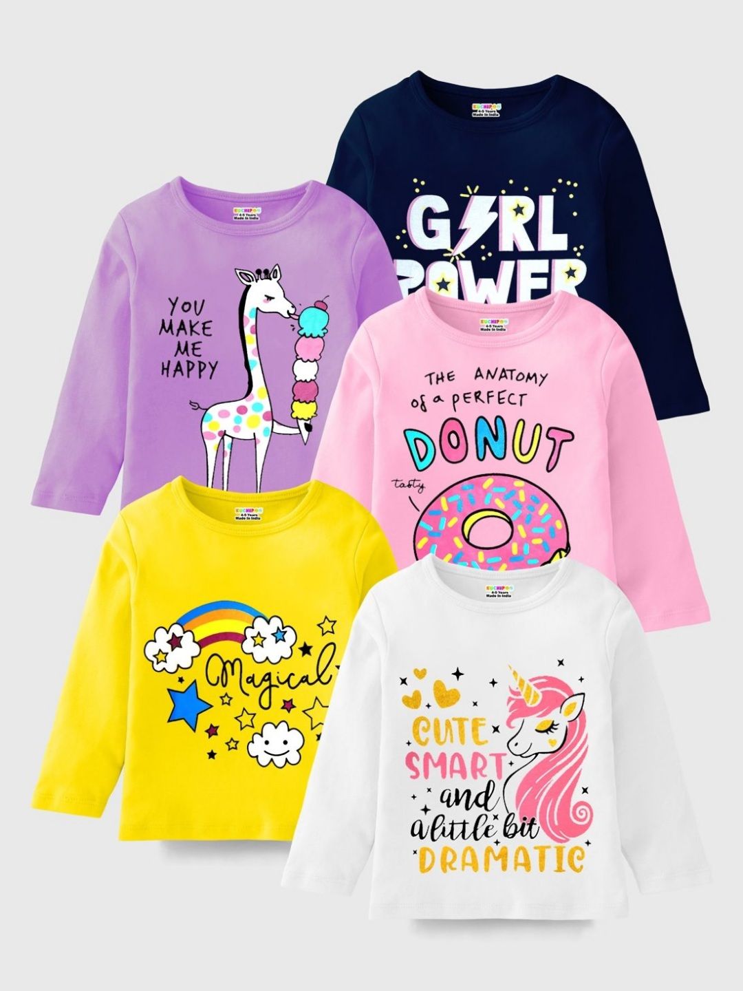 KUCHIPOO Pack Of 5 Girls Humour and Comic Printed Round Neck T-shirt
